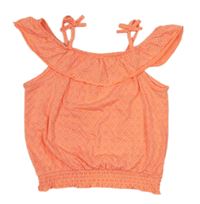 Neonově korálový vzorovaný crop top s volánkem Yigga