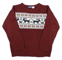 Vínovo-bílo-tmavomodrý svetr s jeleny a norským vzorem Lupilu