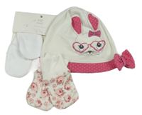 Nové - 3set - 2x rukavice - bílé + bílé květované + 1x Bílo-růžová čepice s králíčkem a mašlí