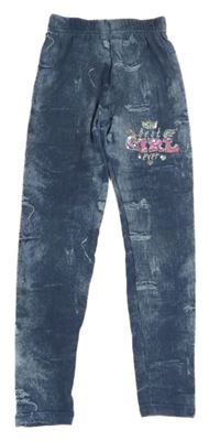 Šedomodré legíny riflového vzhledu a nápisem z flitrů 