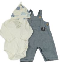 Nové - 3set - Smetanové žebrované body + Modro-bílé laclové kalhoty + smetanová čepice se slony Peacocks