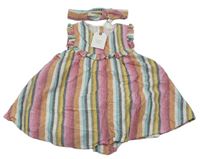 3set- barevné pruhované lněné šaty+ kalhotky pod šatičky+ čelenka zn. next