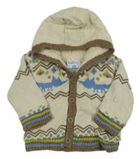 Béžový vzorovaný zateplený propínací svetr s kapucí Topomini