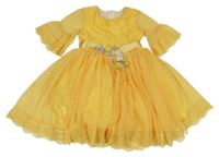 Žluté tylové šaty s květinami 