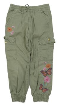 Khaki cargo kalhoty s výšivkami květin F&F