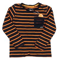 Tmavomodro-neonově oranžové pruhované triko s kapsičkou S. Oliver