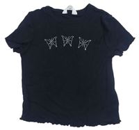 Černé žebrované crop tričko s motýly H&M
