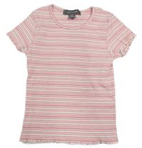 Růžovo-bílé pruhované žebrované crop tričko PRIMARK