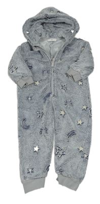 Tmavomodrá melírovaná chlupatá kombinéza s hvězdami a kapucí M&S