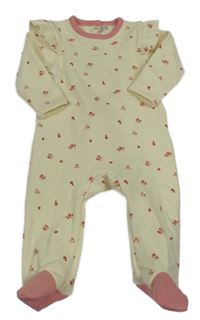 Vanilkový teplákový overal s kytičkami a růžovým lemem