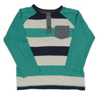 Tmavomodro-zeleno-šedé pruhované triko s knoflíčky Tu