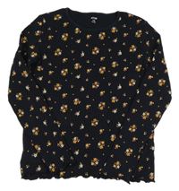 Tmavomodré žebrované triko s kytičkami Kiabi