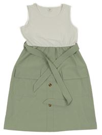 Bílo-khaki lehké šaty s páskem a kapsami shein