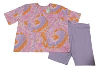 Nové - 2 set - Růžovo-oranžovo-fialové vzorované tričko + kraťasy Primark