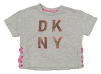 Šedá mikina s nápisem a růžovým šněrováním DKNY