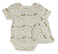 2set - Bílé body s medvídky + bílá čepice Pitter Patter