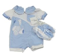 Nové - 2set - modro-bílý kraťasový overal + čepice 