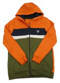 Oranžovo-khaki-černá propínací mikina s výšivkou a kapucí George 