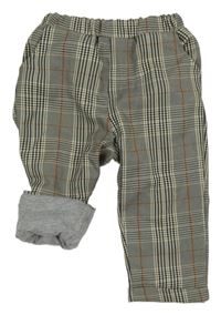 Šedo-béžovo-medové kostkované podšité kalhoty 