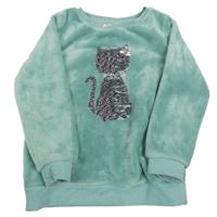 Mátová chlupatá mikina s kočkou z překlápěcích flitrů Topolino