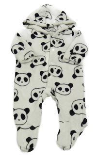 Bílá chlupatá kombinéza s pandami a kapucí 