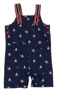 Tmavomodré plátěné laclové kraťasy s plachetnicemi 