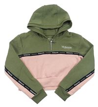 Khaki-světlerůžová crop mikina s logy a pruhy a kapucí McKenzie