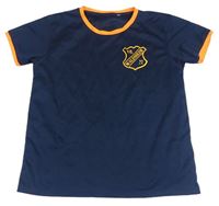 Tmavomodro-křiklavě oranžový sportovní dres se znakem a nápisy 