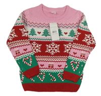 Nové - růžovo-bílo-červeno-zelený vzorovaný pletený vánoční svetr s obrázky little kids
