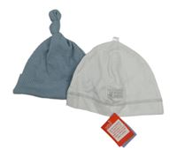 Nové - 2x - Čepice - Modrošedá žebrovaná chick pea, bílá s nášivkou M&S