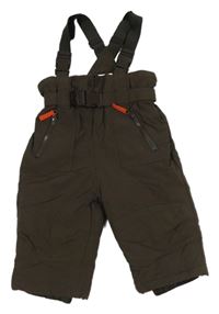 Tmavohnědé šusťákové zimní oteplovačky s kšandami a páskem Topolino