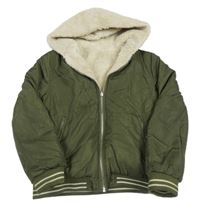 Khaki šusťákový zateplený oboustranný bomber s pruhy a kapucí PRIMARK