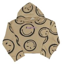 Béžová oversize crop mikina se smajlíky a nápisem a kapucí H&M