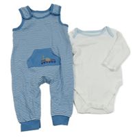 2Set - Modro-bílé pruhované laclové tepláky s kapsou s mašinkou a zvířátky + bílo/světlemodré body M&S