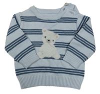 Světlemodro-tmavomodrý pruhovaný svetr s medvídkem little nutmeg