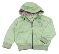 Světlezelený šusťákový jarní bomber s číslem a květy a pruhy a kapucí Kiki&Koko