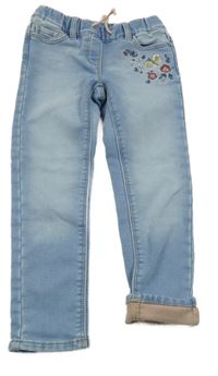 Světlemodré thermo teplákové rifle s květy a motýlkem s flitry C&A