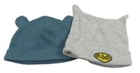2x- Čepice - Modrošedá žebrovaná s oušky George, světlešedá melírovaná s Batmanem 