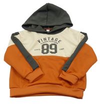 Cihlovo-světlebéžová mikina s číslem a nápisy a kapsou a kapucí