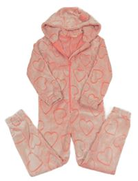 Neonově korálovo-bílá plyšová kombinéza se srdíčky a kapucí s bambulí Nutmeg