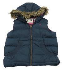 Tmavomodrá prošívaná šusťáková zateplená veta s kapucí s kožešinou YD