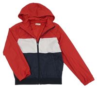 Červeno-bílo-tmavomodrý šusťákový jarní bomber s odepínací kapucí H&M
