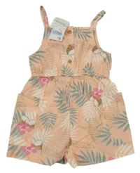 Nové - broskvový cargo plátěný letní overal s kokosy a lístečky PRIMARK