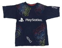 Tmavomodré triko s obrázky a nápisem Playstation 