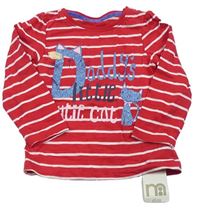 Červeno-bílé pruhované triko s kočkou a nápisem Mothercare