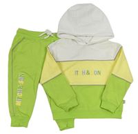 2set - Bílo-žluto-zelená mikina s nápisem a kapucí + zelené tepláky Mitch&Son