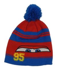Modro-červená pruhovaná čepice s Bleskem McQueenem a bambulí Disney