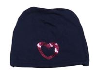 Tmavomodrá bavlněná čepice se srdcem z flitrů