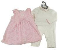 Nové - 2set - Světlerůžová sametová šatová tunika s výšivkami a mašlí + smetanový overal