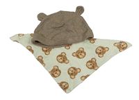 2set - Hnědá žebrovaná bavlněná čepice + krémový slinták s medvědy